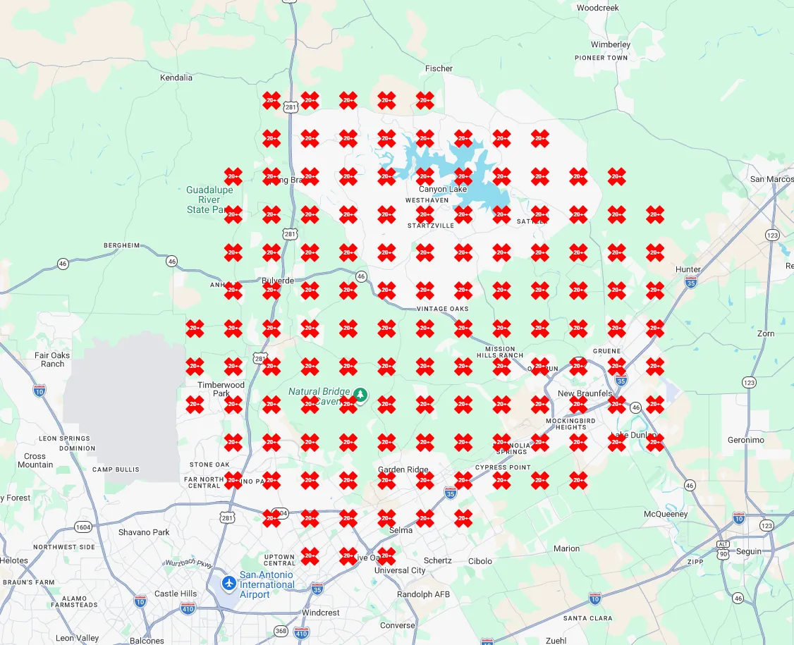 Local Google Maps ranking heatmap showing positions outside the top ten