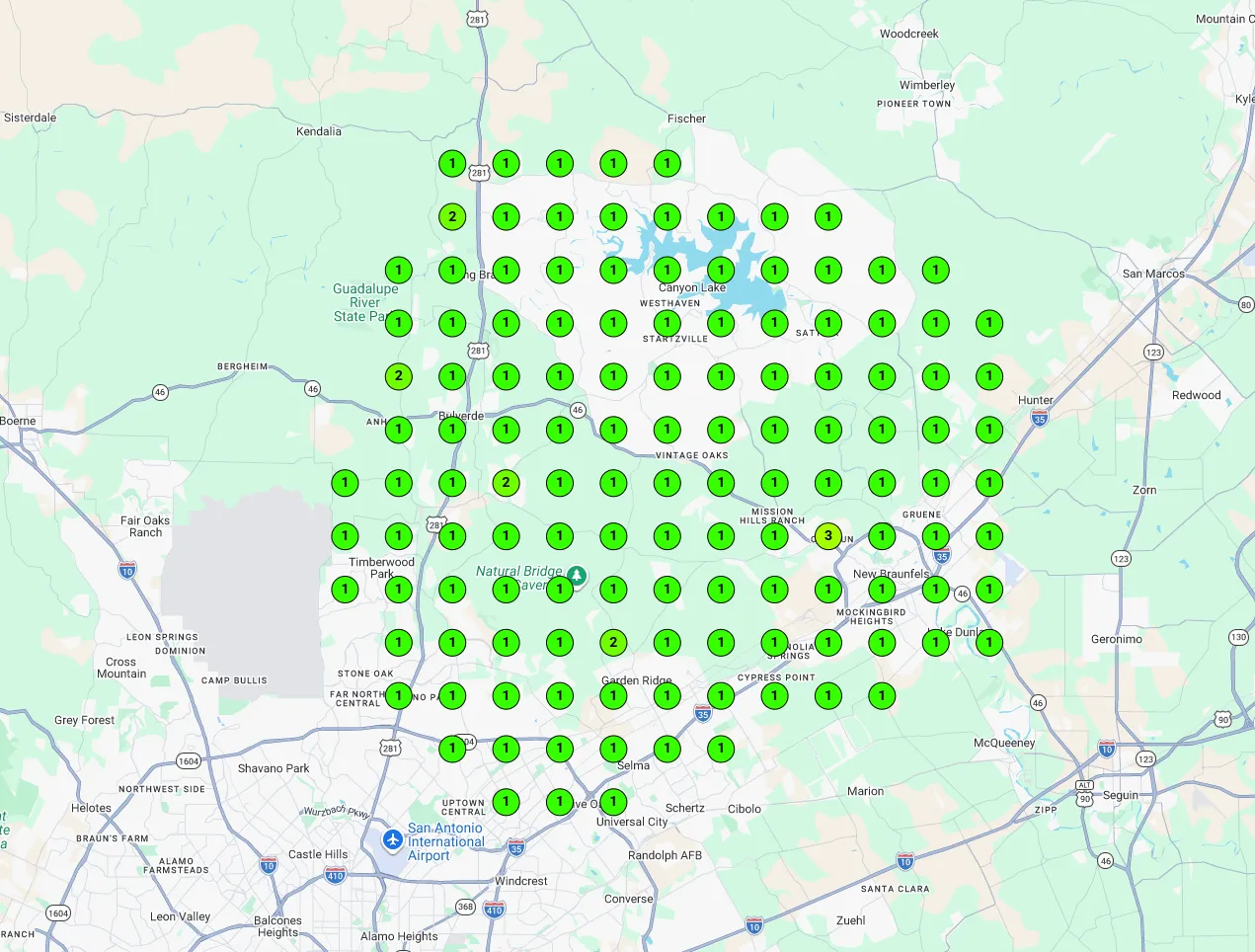Improved local Google Maps ranking heatmap showing top-three positions